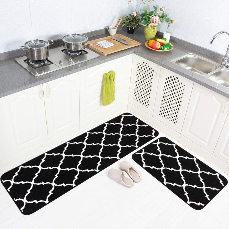 Carvapet 2 Pieces Microfiber Moroccan Trellis Non-Slip Soft Kitchen Mat Bath Rug Doormat Runner Carpet Set, 20"x63"+20"x31", Black - Image 1